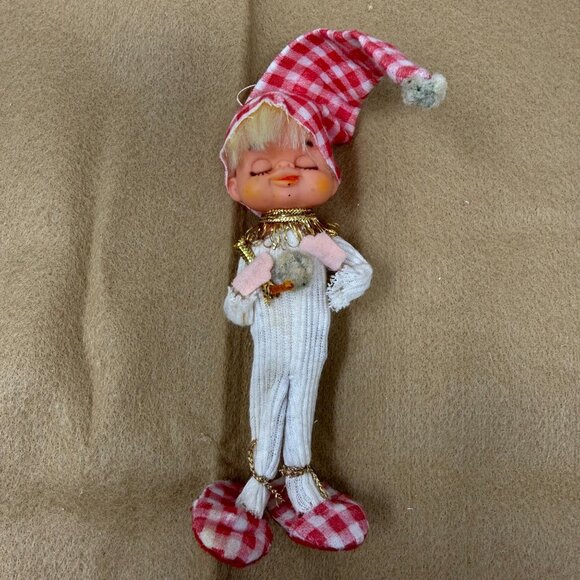 Vintage Christmas Elf Pixie Boy Ornament Red Gingham Stocking Cap Hat Pajamas - Picture 2 of 6